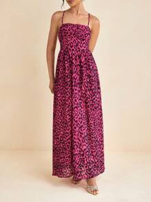 HIBA Pink Cheetah Chiffon Print Spaghetti Straps Black Ruched Cupped Bust Corset Women Maxi Dress - Multicolor - View 5