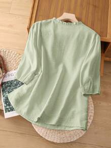 Linhara Plus Size Embroidered Frill Hem Linen-Like Shirt - Mint Green - View 2