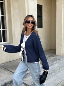 Serisse Women's Contrast Trim Knot V-Neck Long Sleeve Cardigan,Knitted Sweater In Fall/Winter Casual Blue - Navy Blue - View 5