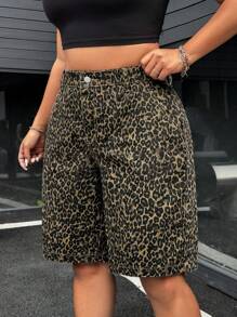 SHEIN ICON Plus Size Women Casual Leopard Print Denim Shorts - Multicolor - View 3