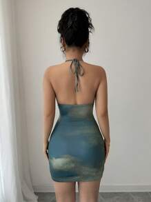 Gloray Sexy Backless Lace-Up Gradient Tie-Dye Floral Pattern Mini Dress For Women - Green - View 2