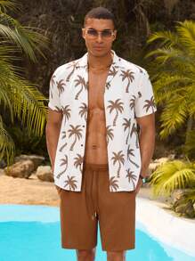 Manfinity VCAY 2pcs/Set Unisex Casual Coconut Tree Print Collared Short Sleeve Shirt & Drawstring Waist Straight Shorts Set - Multicolor - View 3