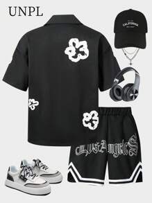 SHEIN 2025 Summer Boys Sets 2025 Summer Vibes Teen Boys Black Contrast Bloom Graphic Casual Shirt, Bold White Print | OEKO-TEX® | School And Travel - Black - View 2