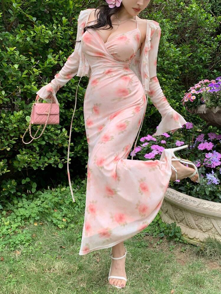 2pcs/Set Women Floral Printed Fitted Elegant Dress For Date Outfit, Summer