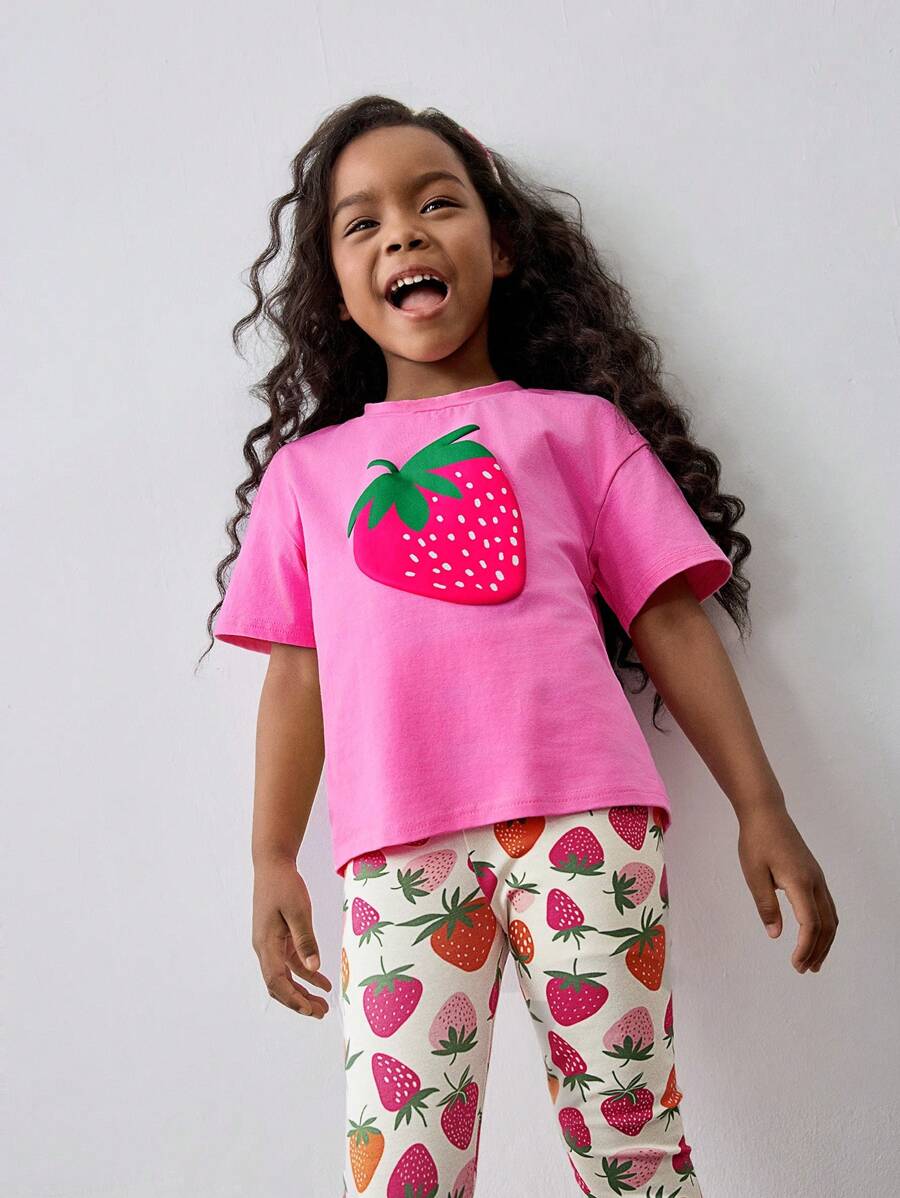 Maija Kids Maija Kids 2pcs/Set Girls Strawberry Pattern Ruffle Trim Loose Casual Round Neck Short Sleeve Top And Pants Set - Pink - View 1