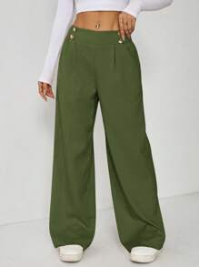 SHEIN PETITE Quần công sở thẳng cài hai nút thanh lịch cho nữ - xanh quân đội - Xem 7