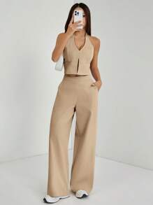 SHEIN PETITE Spring/Summer Office Lady V-Neck Sleeveless Top With Open Back & Wide Leg Pants, Slimming And Lengthening Outfit For Streetwear - Khaki - View 1