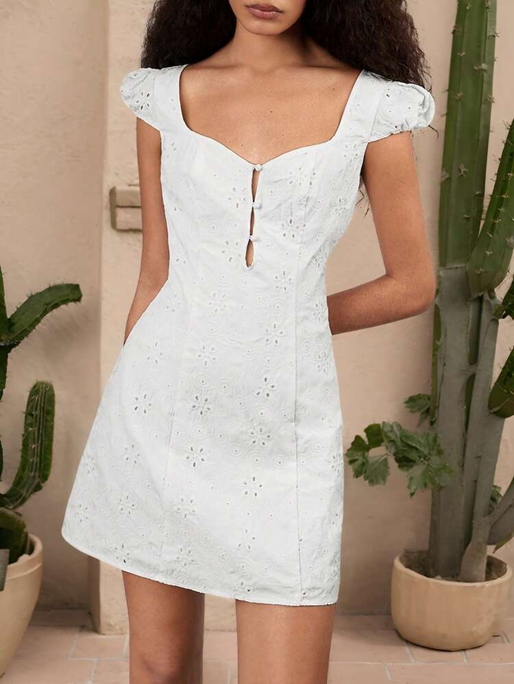 SHEIN Maija Women's White Summer Dress, , Embroidered Cutout Texture, Sweetheart Neckline, Front Button Closure, Puff Sleeves, Elegant Bohemian Style, Vacation & Daily Casual Beach Mini Dress