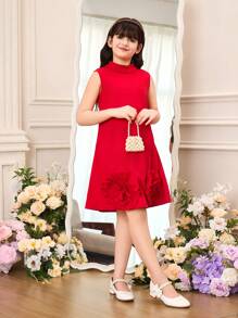 1 chiếc váy chữ A không tay cổ bèo nhún họa tiết hoa cho bé gái tuổi teen, thanh lịch cho tiệc tùng và tụ họp, mùa xuân/hè - Đỏ - Xem 5
