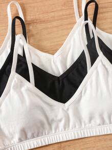 SHEIN 3 件装 少女 简约舒适纯色 V 领带衬垫文胸吊带背心 - 白色 - 查看 4