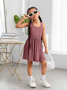 SHEIN Young Girl Casual Solid Color Knitted Sleeveless Dress For Spring/Summer Wear
