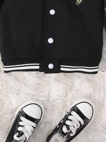 SHEIN Young Boy Dinosaur Print Striped Trim Varsity Jacket - Black - View 5