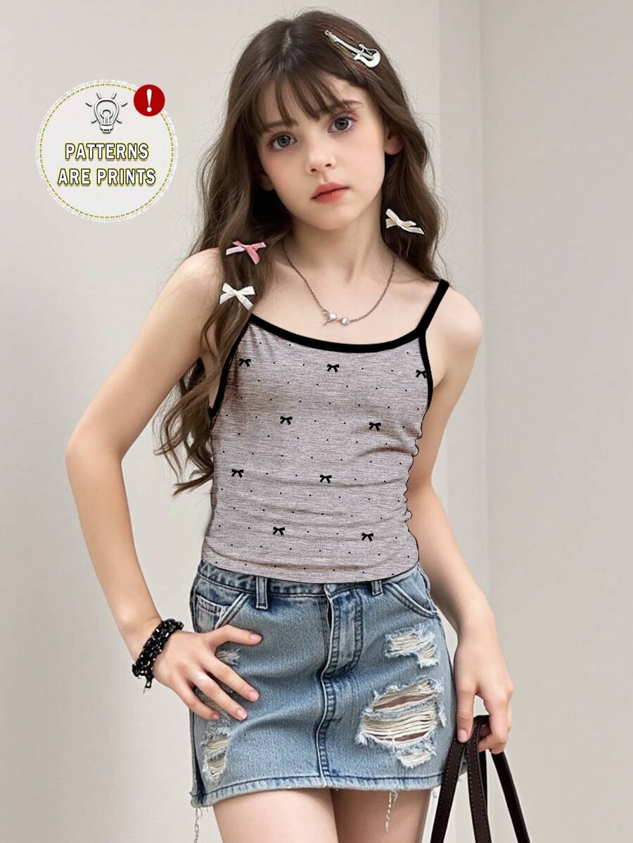 Tween Girls Fitted Casual Cute & Chic Bow Print Sports Active Cami Top Basic Set - Multicolor - View 1