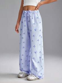 SHEIN Tween Girls Spring/Summer Comfortable Trousers, Bow Striped Print Versatile Long Pants - Blue - View 4