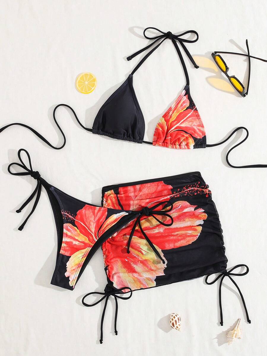 Swim Vcay Women's New Floral Print Halter Neck Tied Triangle Cup Side Tie Briefs Short Cover-Up 3-Piece Sexy Swimsuit Set, Summer - Black - View 1