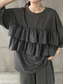 FRIFUL Women's Ruffle Trim Oversized T-Shirt, Summer Casual Wear - Grey - View 3