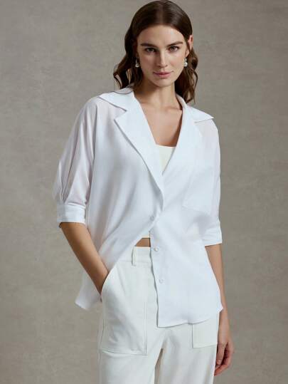 Briarwyn 休闲纯色梭织立领短袖宽松衬衫，适合女士夏季和海滩毕业典礼，透明上衣，优雅