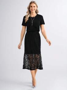 SHEIN LUNE 2 件套女士优雅基本款上衣和蕾丝裙套装，适合户外场合，春夏季 - 黑色 - 查看 5