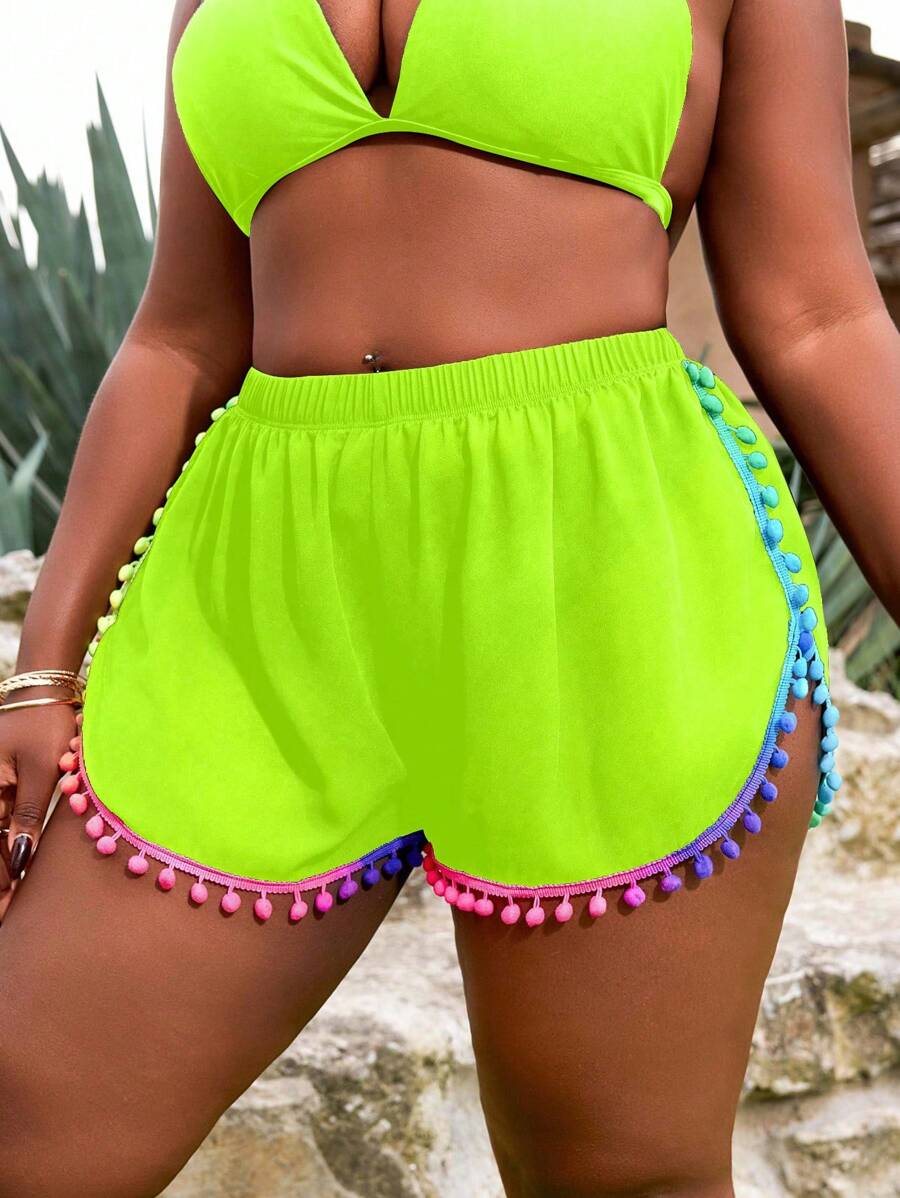 Slaydiva Plus Size Elastic Waist Beads & Net Mesh Trim Casual Vacation Beach Shorts With Cover Up - Green - View 1