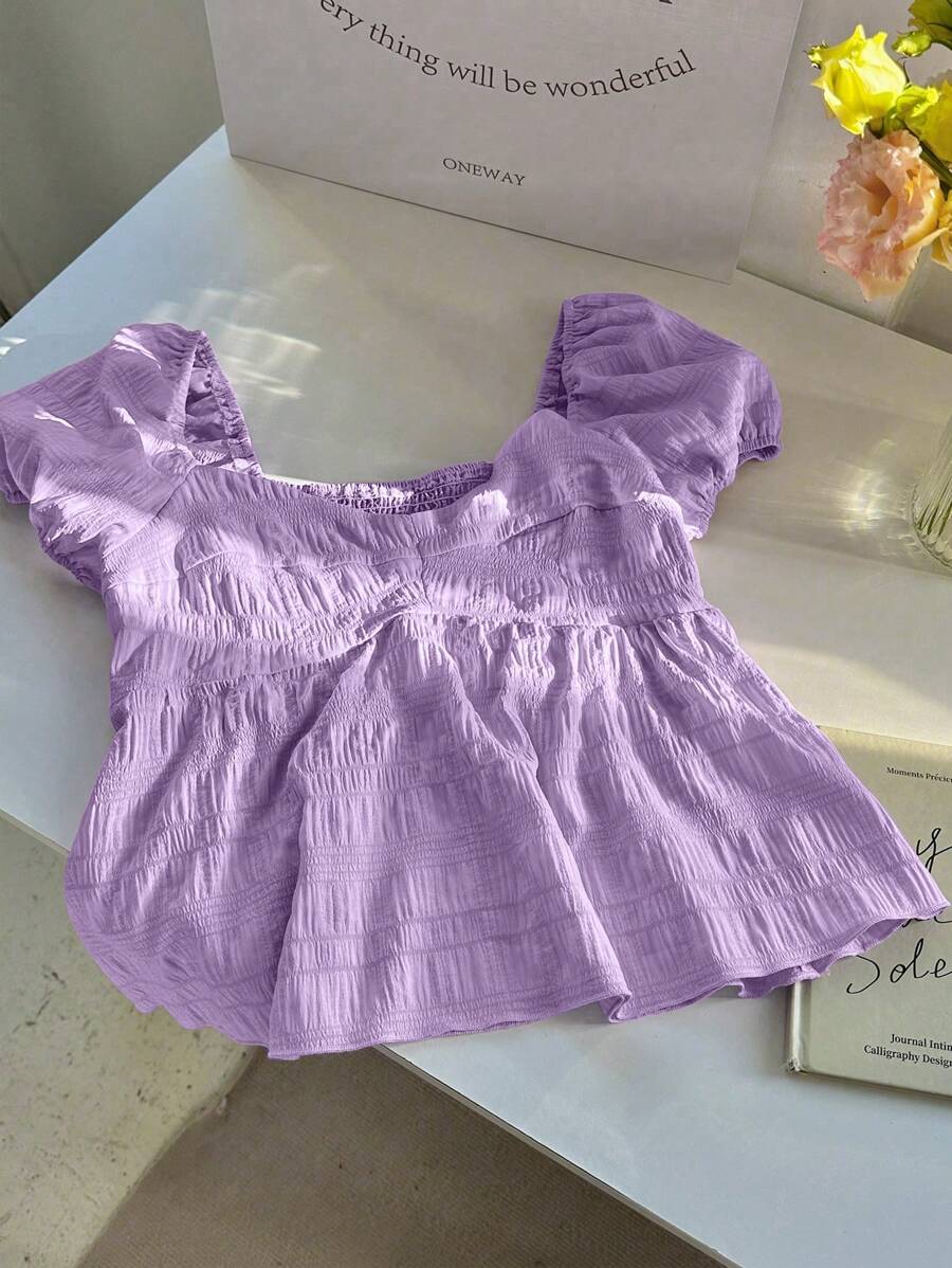 SHEIN Unity Women's Red Collared Short Sleeve Textured Fabric Buttoned Waist Shirt - Mauve Purple - View 1