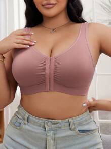 SHEIN 1 chiếc áo ngực không đường may đơn giản, thoải mái, màu trơn, đóng mở phía trước dành cho nữ, dây đeo đôi dạng rộng - Bụi tím - Xem 4