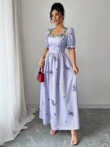 Mulvari 女士夏季假期花卉印花刺绣拼布方领泡泡袖连衣裙长款女装 - 藍色 - 查看 7