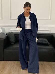 Livesso 女式长袖单排扣牛仔衬衫和裤子套装 - 深色水洗藍 - 查看 2