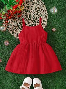 Baby Girl Solid Color Button Design Casual Cami Dress - Red - View 2