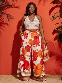 Slaydiva Calça Larga de Cintura Alta Floral Boêmia Colorida, Leve, para Férias/Praia/Casual/Reunião Doméstica, Plus Size, Coleção Primavera/Verão 2025 - B