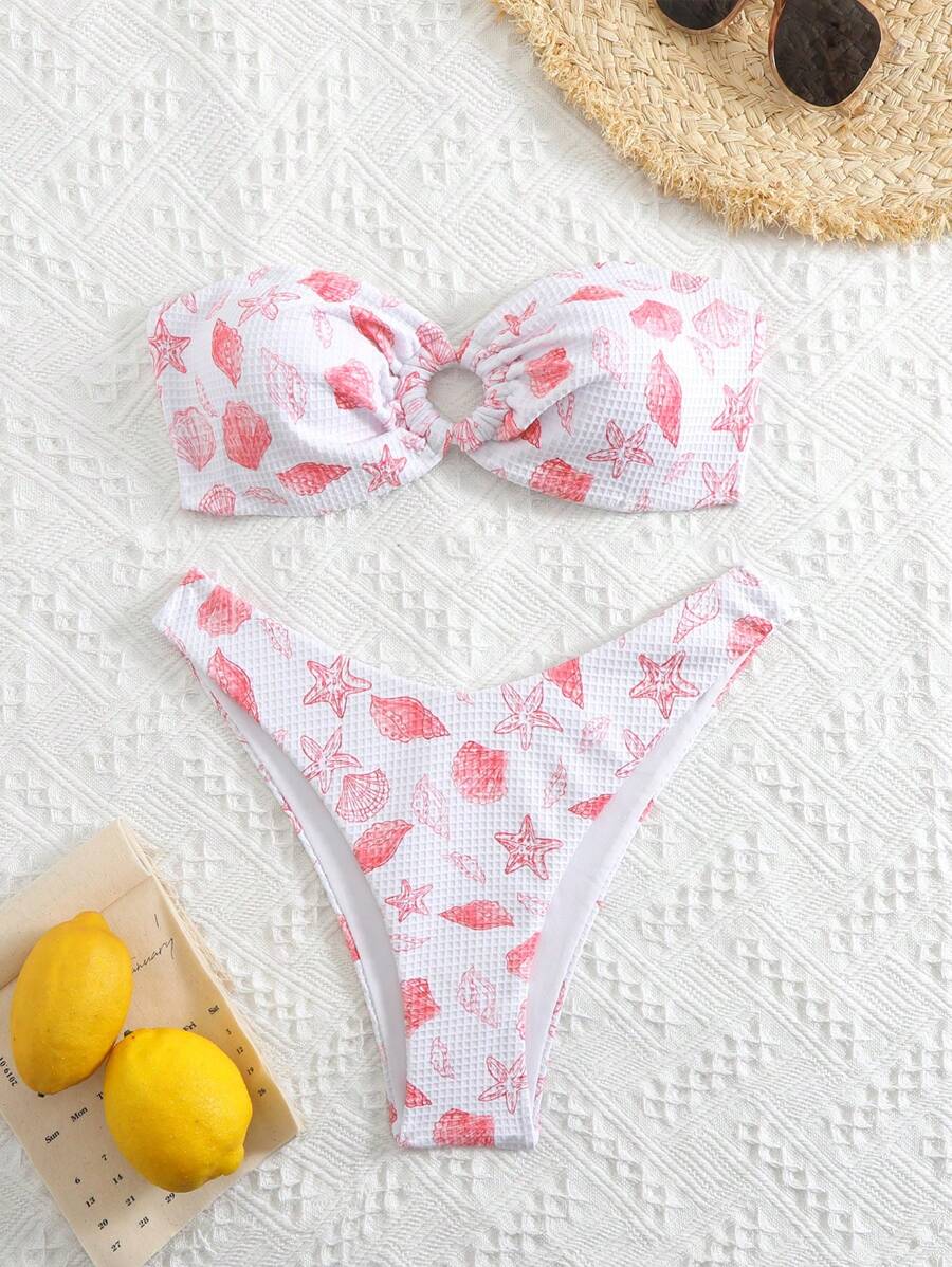 Swim Mod Women Summer Beach Starfish Print Bandeau Sexy Bikini Swimsuit Set - Red - View 1