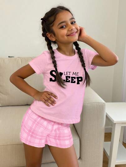SHEIN Tween Girl Casual Minimalist Short Sleeve Shorts Pajama Set, Snug Fit, Suitable For Spring & Summer