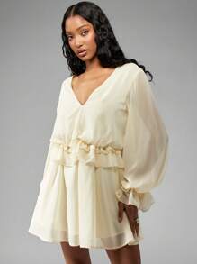 MISSGUIDED Elegant Chiffon Mini Dress With Balloon Sleeves Ruffle Waist Detail V-Neck Party Wedding Guest Dress Special Occasion Spring Summer - Cream - View 5