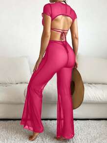 SHEIN Swim Sheer Mesh Cropped Top And Bell-Bottom Pants Suit, Sexy Outfit For Summer - Hot Pink - View 2