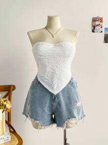 Soleia Plus Size Women's Textured Bandeau Crop Top, For Vacation - White - View 5