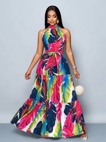 SOLERSUN Rochie de damă la modă cu imprimeu floral, maxi fluidă, cu curea, pentru vacanță - Roz fierbinte - Vizualizare 3