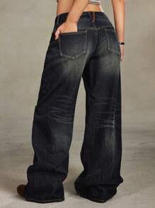 ROMWE Grunge Punk Plus Size Women Retro Vintage Distressed Rivet Design Loose Low Waist Bell-Bottom Jeans - Dark Grey - View 2