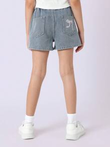 SUMWON Pull-On Denim Shorts Elastic Waist Casual Summer Drawstring Light Wash Girls Shorts Comfortable Beach Holiday Athletic Leisure Daily Wear Youth Teen - Blue - View 5