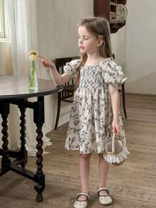 LMoss Kids LMoss   Young Girl Ditsy Floral Gathered Ruffle Puff Sleeve Fitted Casual Dress,Casual Dress Unique Dresses For Girls    Girls Summer Dresses Spring Dresses For Girls Summer Clothes For Girls Spring Girl Clothes - Black and White - View 5