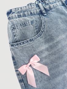 SHEIN MOD Plus Size Casual Loose Fit Bowknot Sweet Blue Jeans, Blue Homecoming Jeans, Party Women Bow Jeans, Wide Leg Women Pants, Baggy Women Pants
