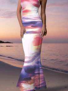 Ladies Summer Holiday Style Landscape Print Color Blocking Tie-Dye Maxi Slip Dress - Multicolor - View 3