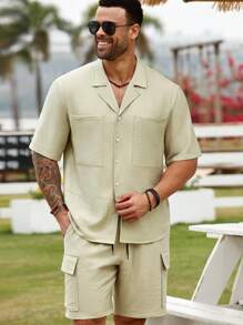 Manfinity RSRT Plus Size Men Summer Casual Solid Color Short Sleeve Shirt & Shorts Set