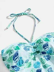 SHEIN MOD Women's Elegant Seashell Print Halter Neck Sleeveless Tankini Set With Ruched Detail And Tie-Side Bottoms - Green - View 5