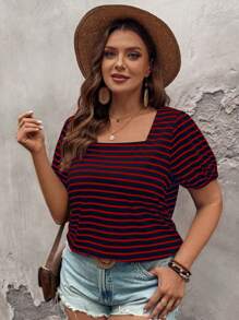 SHEIN LUNE 大码黑白条纹方领短袖皱褶套头 T 恤