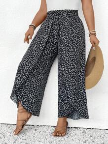 SHEIN Frenchy 大码女式休闲开衩裤，适合夏季度假 - 黑與白 - 查看 1