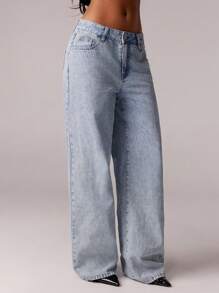 SHEIN Forever 21 Spring & Summer Women Romantic/Prom/Formal/Birthday/90s /Business Casual/Elegant/Western Wear/Going Out/Fashion/Casual/Y2k/Club/Office /Cocktail/Vintage/Rave/Funny/Classy/Old Money/Streetwear/Vacation/Country Concert/Work/Modest/Spring Break/Bachelorette/Concert/Baddie/Basic/Graduation/Blue Washed Low Rise Baggy Wide Leg Cowgirl Jeans Y2k - Blue - View 5