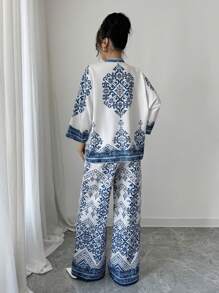 Selianne 1pc Women 3/4 Sleeve Floral Print Blouse & 1pc Women Elastic Waist Printed Pants Set