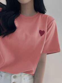 DAZY 女士圆领刺绣撞色心形图案简约T恤可爱上衣 - 粉色 - 查看 3