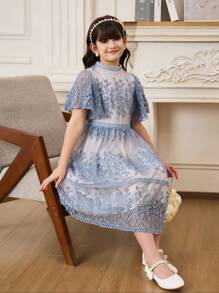 Tween Girl Elegant & Glamorous Leaf Lace Princess Dress, Suitable For Wedding Season - Baby Blue - View 5