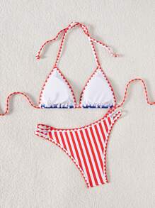 SHEIN Swim Women Star & Stripe USA Flag Print Beach Vacation Halter Bikini Set, 4th Of July For Summer - Multicolor - View 2