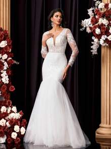 Glamrae Elegant Luxurious Embroidered Lace See-Through Long Sleeve Fishtail Dress, Suitable For Weddings, Parties, Vacations, Galas, Formal Events (Heavy Work) - Beige - View 5